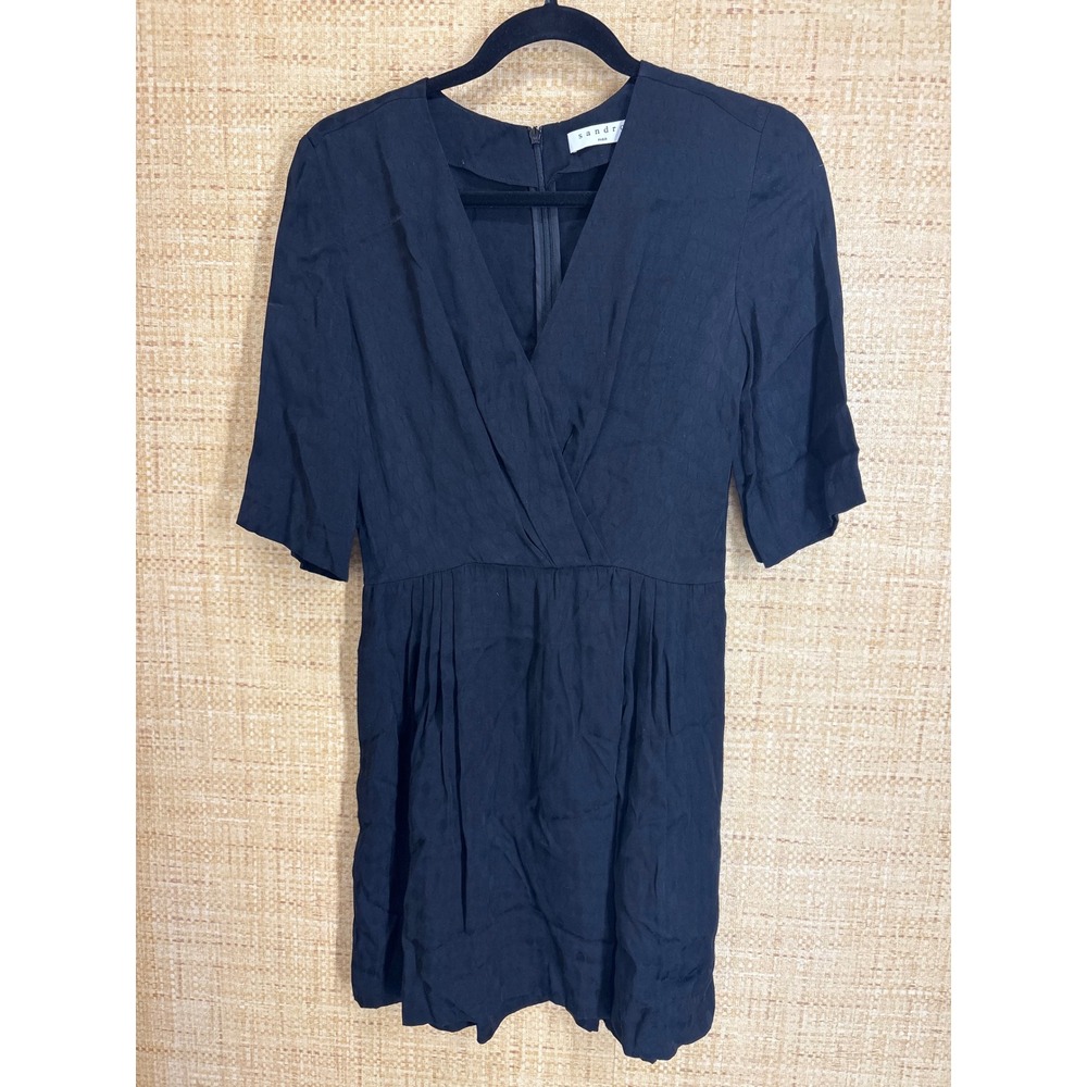 Sandro Paris Jacquard Dot Wrap V-Neck Mini Dress Black Viscose Size 1 / Small